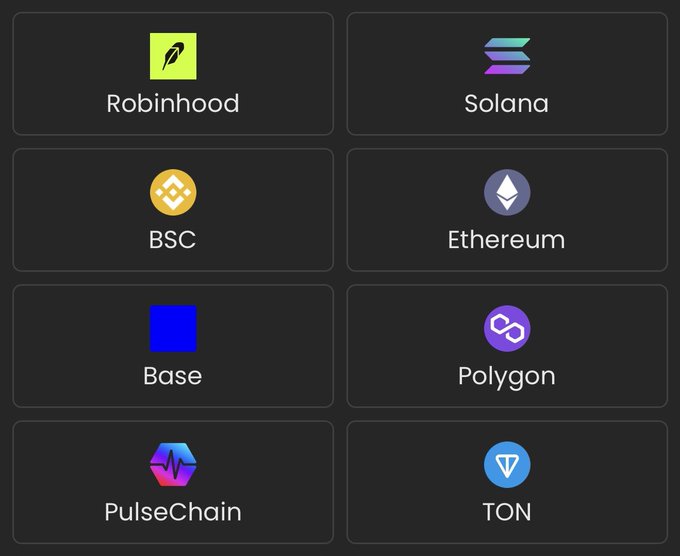 A grid displaying logos and names of blockchain networks and platforms including Robinhood, Solana, BSC, Ethereum, Base, Polygon, PulseChain, and TON, with Robinhood prominently featured in the top-left alongside Solana, illustrating the post's claim that Robinhood has overtaken Solana in driving volume on Dexscreener.