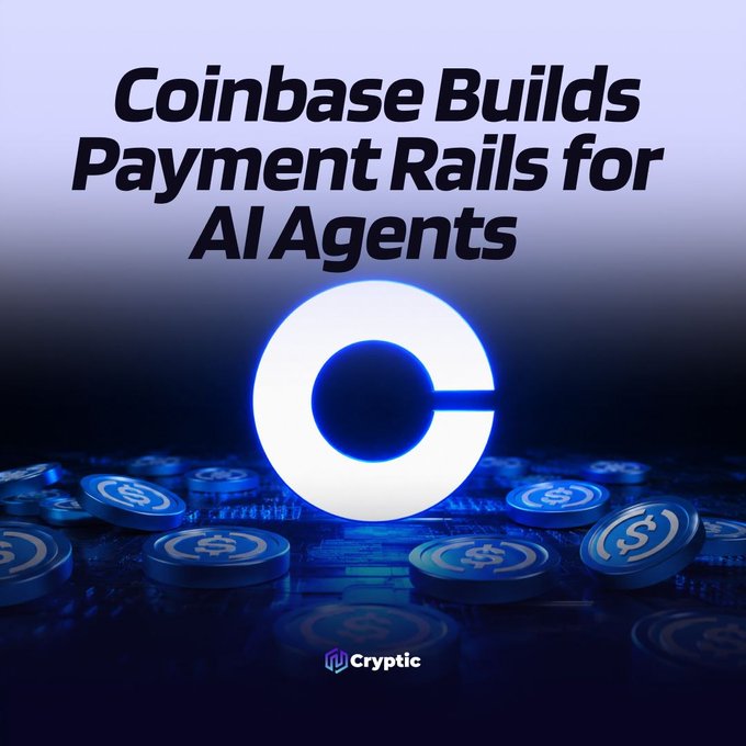 A Coinbase "C" logo glows above scattered USDC coins on a dark blue tech-inspired background, with the headline "Coinbase Builds Payment Rails for AI Agents" displayed prominently. The image visually reinforces the announcement about Coinbase's x402 protocol, which enables AI agents to discover services and transact using USDC stablecoin payments.