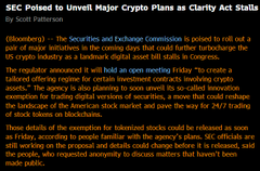 The image shows a news article snippet from Blockworks titled "SEC Poised to Unveil Major Crypto Plans as Clarity Act Stalls," which relates to the accompanying post about SEC Chair Paul Atkins' upcoming plans for the crypto industry and his recent keynote at the DAS conference hinting at regulatory developments.