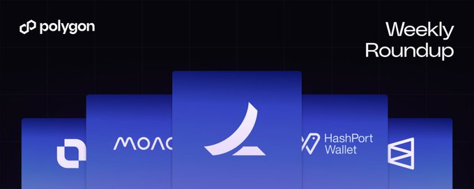 A Polygon Weekly Roundup graphic featuring blue panels displaying logos for Polymarket, MOAC, an unnamed partnership icon, HashPort Wallet, and another brand, alongside the Polygon logo and "Weekly Roundup" header text, visually highlighting the featured projects mentioned in the accompanying post about Polymarket's $4.3B World Cup market, the MOAC/HashPort loyalty points integration with JPYC on Polygon, and JPYC's $265M+ trading volume.