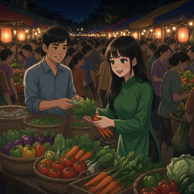An anime-style illustration of a young man and woman at a nighttime market, with the man offering a bunch of carrots to the smiling woman, surrounded by baskets of fresh vegetables and lit by paper lanterns.