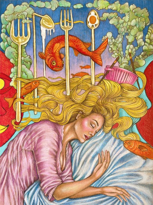 A surreal colored pencil illustration shows a sleeping blonde woman in a pink dress whose flowing hair transforms into a bed of pasta and noodles, surrounded by gold forks, a red koi fish, orange fish, a pink bowl, and leafy greens. The caption celebrates the artwork being sold, with the dreamlike food-themed imagery reflecting the artist's whimsical, fantastical style now finding a new home with the collector.