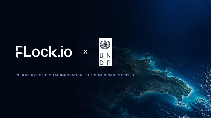 The image features a collaboration announcement between FLock.io and UNDP, with the text "PUBLIC SECTOR DIGITAL INNOVATION | THE DOMINICAN REPUBLIC" displayed alongside logos, set against a dark aerial view of a coastal island. The design visually reinforces the post's message of advancing technology partnerships in the Dominican Republic.