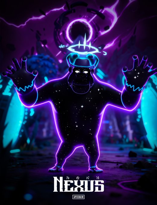 A vibrant digital artwork of a cosmic gorilla-like figure with neon purple and cyan outlines, glowing eyes, and a ringed planet symbol above its head, titled 'Nexus' with Japanese text 'ネクサス' and 'APEGHIAI' branding.