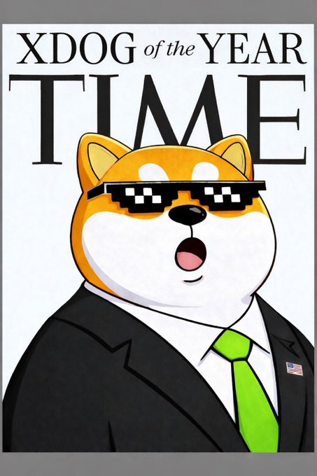 A TIME magazine-style cover titled 'XDOG of the YEAR' features a cartoon Shiba Inu dog wearing pixelated sunglasses, a black suit, and green tie.