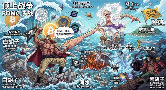 A Chinese-language 'One Piece' themed illustration featuring characters like Whitebeard, Hawkish, Kizaru, and Gol D. Roger with references to cryptocurrency like Bitcoin, labeled 'FOMC 决战' (FOMC Showdown).