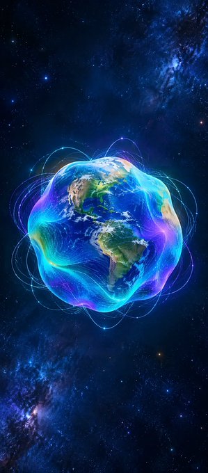 A vibrant digital artwork shows planet Earth enveloped in colorful, glowing aurora-like energy waves against a backdrop of a deep blue starry galaxy.