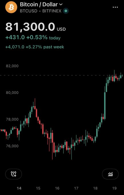 Mobile app screenshot showing the Bitcoin/Dollar (BTCUSD · BITFINEX) chart at $81,300.0 USD, up +$431.0 (+0.53%) today, with a candlestick chart spanning days 14-19.