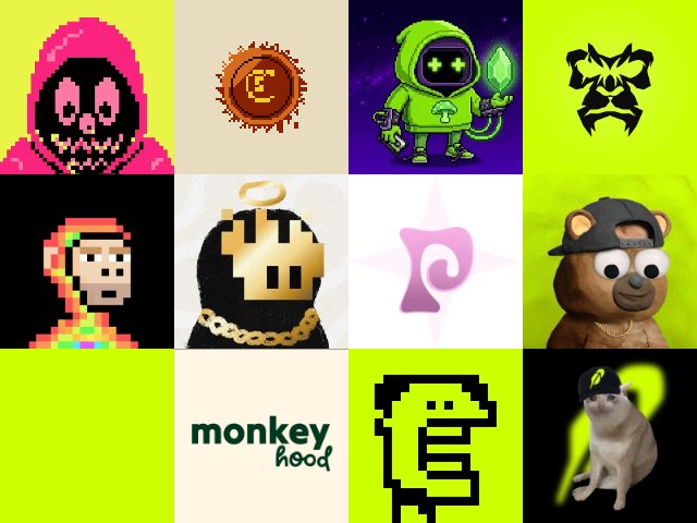 A collage featuring various NFT-style digital art pieces including pixel characters, a monkey hood logo, a TAMA coin, and multiple mascot designs on yellow and white backgrounds.