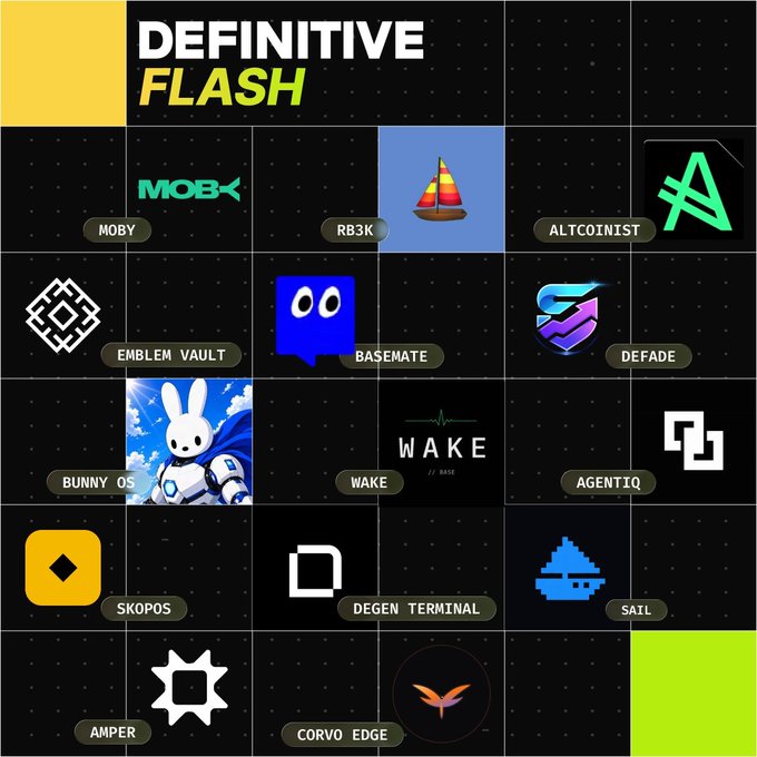 A 'DEFINITIVE FLASH' graphic displaying a grid of various logos for crypto-related projects, including MOBY, RB3K, ALTCOINIST, EMBLEM VAULT, BASEMATE, DEFADE, BUNNY OS, WAKE, AGENTIQ, SKOPOS, DEGEN TERMINAL, SAIL, AMPER, and CORVO EDGE.