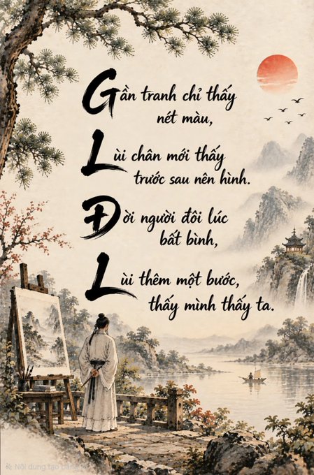 An artistic illustration with a Vietnamese poem that begins with the letters "G-L-L-L" (Gẫn tranh, Lùi chân, Đời người, Lui thêm) set against a traditional landscape painting featuring a figure at an easel, mountains, and a red sun.