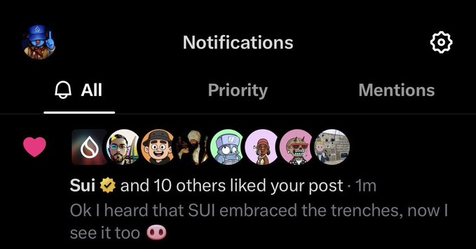 A Twitter/X notifications screen showing 'Sui and 10 others liked your post' with the message 'Ok I heard that SUI embraced the trenches, now I see it too 🐽' under the All tab.