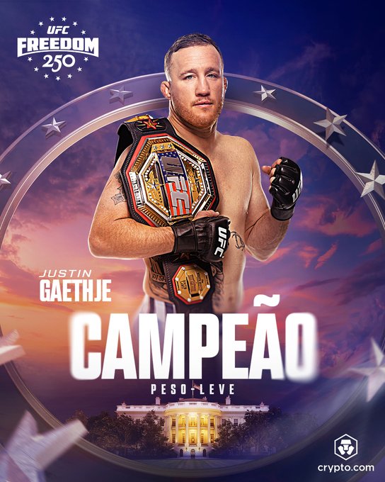 The image features a man holding a UFC championship belt, with the text "Camppeao" written above him. The background of the poster shows a sunset over the White House, which adds an interesting visual element to the advertisement. The caption below the photo reads "#UFCWhiteHouse! [ @ParamountPlusBR | Presented by @cryptocom ]". This suggests that the image is part of a larger campaign or promotional effort for the UFC and its events.