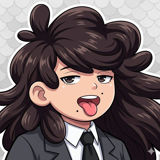 An animated illustration of a female character with voluminous dark brown hair, wearing a suit and tie, with her tongue sticking out.