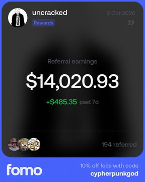 A screenshot of the Fomo app dashboard displays an "uncracked" account with referral earnings of $14,020.93 (+$485.35 in the past 7 days) from 194 referrals, supporting the post's claim of 5-figure cash flow from Fomo.