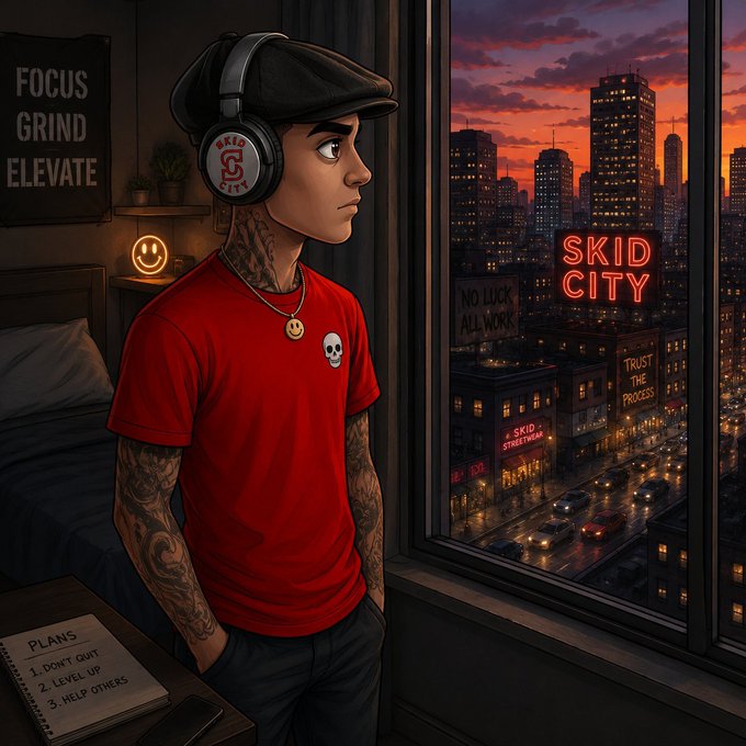 A digital illustration of a tattooed young man wearing headphones and a red shirt with a skull logo, standing in a bedroom with 'FOCUS GRIND ELEVATE' poster and 'SKID CITY' visible through the window.
