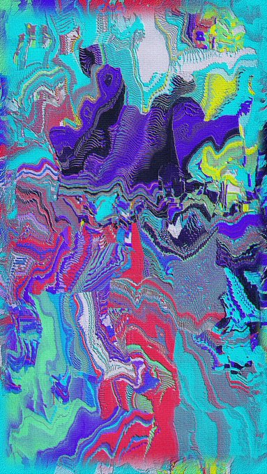 An abstract digital artwork featuring swirling, marbled patterns in vibrant turquoise, purple, red, and yellow colors.