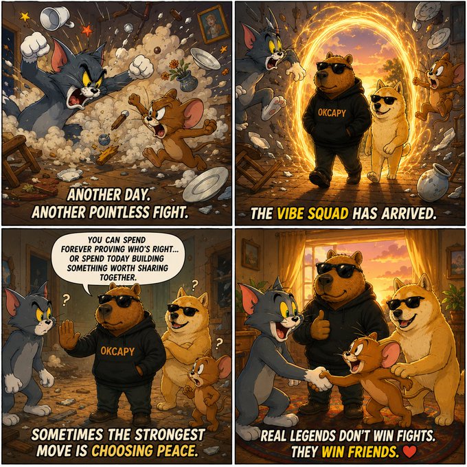 A four-panel comic featuring Tom and Jerry-style cartoon characters with bear characters wearing "OKCAPY" hoodies, with captions reading: "ANOTHER DAY. ANOTHER POINTLESS FIGHT.", "THE VIBE SQUAD HAS ARRIVED.", "YOU CAN SPEND FOREVER PROVING WHO'S RIGHT... SOMETIMES THE STRONGEST MOVE IS CHOOSING PEACE.", and "REAL LEGENDS DON'T WIN FIGHTS. THEY WIN FRIENDS. ❤️"
