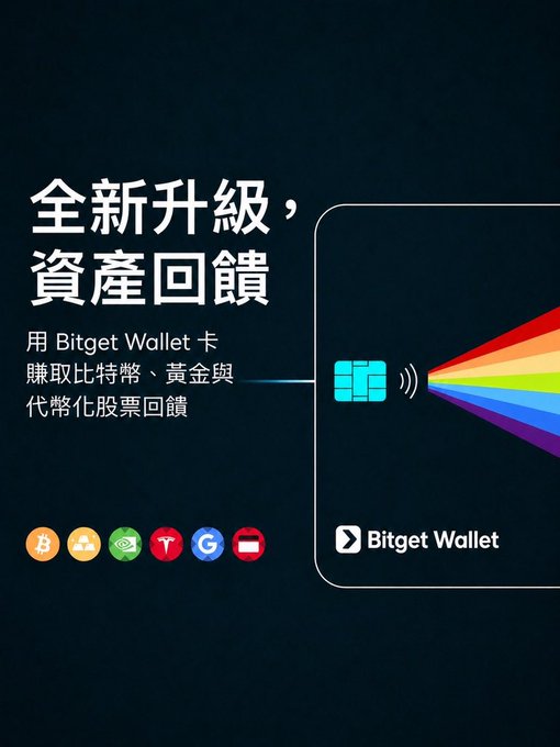 A Bitget Wallet promotional graphic in Chinese titled '全新升級,資產回饋' advertising crypto, gold, and stock rewards on the Bitget Wallet card, with icons for Bitcoin, Ripple, Toncoin, Google, and others.