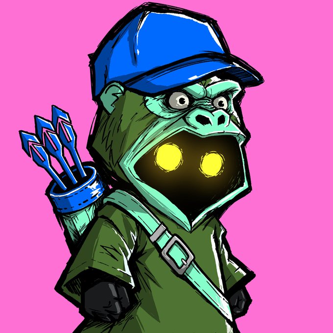 A cartoon-style digital illustration of a green gorilla-like character wearing a blue baseball cap, with glowing yellow eyes and blue arrows in a quiver on its back, set against a pink background.