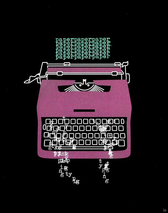 A stylized pink typewriter illustration on a black background displays the word "paper" repeated in green text at the top, with more of the same word scattered loosely around the keys in a disorganized, falling pattern.