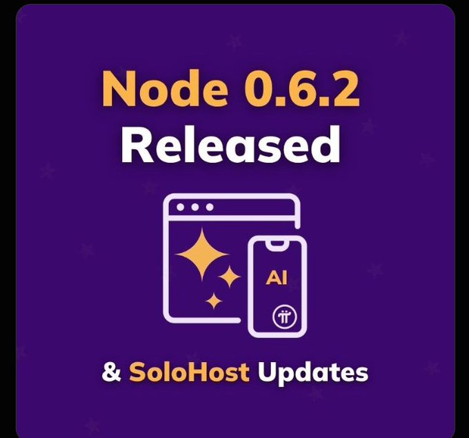 A purple announcement graphic reading 'Node 0.6.2 Released & SoloHost Updates' with an icon of a browser window containing sparkles next to a phone displaying 'AI' and the Pi symbol.