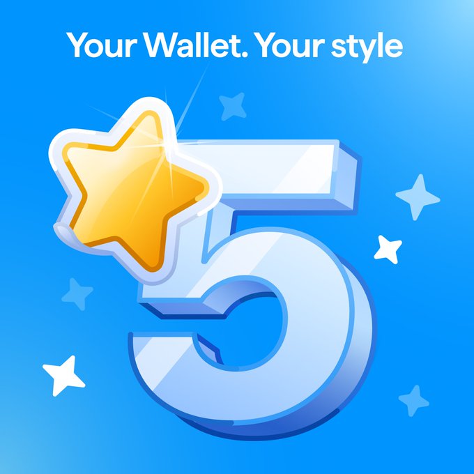 A promotional graphic featuring a large 3D-style blue number "5" adorned with a yellow star, set against a blue gradient background with scattered stars, under the heading "Your Wallet. Your style." The image ties to the post's celebration of Wallet's fifth anniversary on Telegram, visually inviting users to design sticker pack illustrations as part of the milestone contest.
