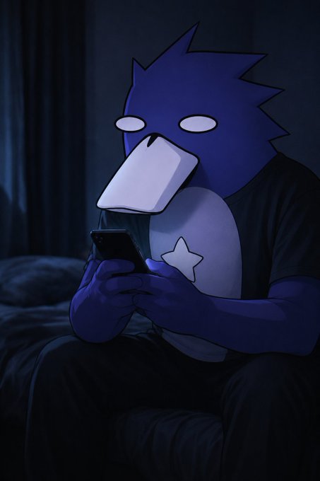 Digital illustration of a blue anthropomorphic character with a beak-like face and white star on its chest, sitting in a dark room illuminated by a smartphone screen.