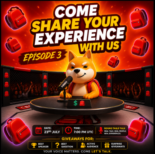 Promotional graphic for "Episode 3" of a crypto roundtable talk featuring a Shiba Inu dog mascot with a microphone, advertising an event on 23rd July at 7:00 PM UTC with giveaways for Best Speaker, Best Question, Active Audience, and Surprise Giveaways.

The post celebrates the previous space (Episode 2) by tagging notable speakers and audience members (@KodaBlack20, @BELIEF909, @HaiderJavi25254, @CodeSol11), building excitement for the upcoming Episode 3 event shown in the graphic.