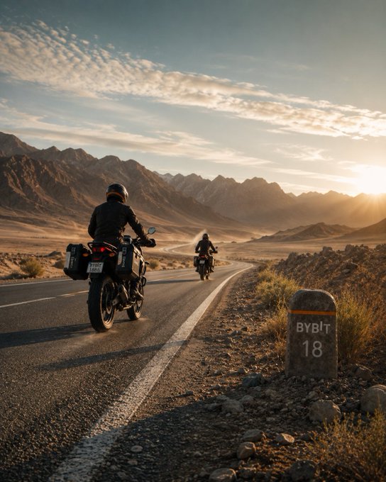 Two motorcyclists ride through a scenic mountain landscape at sunset, with a roadside milestone marked "BYBIT 18" symbolizing the next stop on the journey toward financial freedom. The image evokes exploration and limitless possibilities, aligning with the message of providing multiple routes to financial independence.