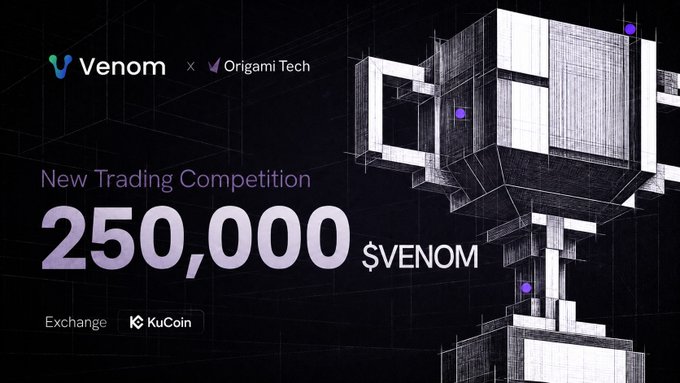 A promotional graphic for a new Venom and Origami Tech trading competition with a 250,000 $VENOM prize pool on KuCoin exchange, featuring their logos and a 3D cube structure against a dark background. The image visually reinforces the competition announcement by highlighting the prize amount and partner branding.