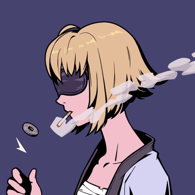 An anime-style illustration shows a blonde woman in profile smoking a cigarette, wearing a sleep mask, with smoke trailing behind her and a coin spinning nearby.