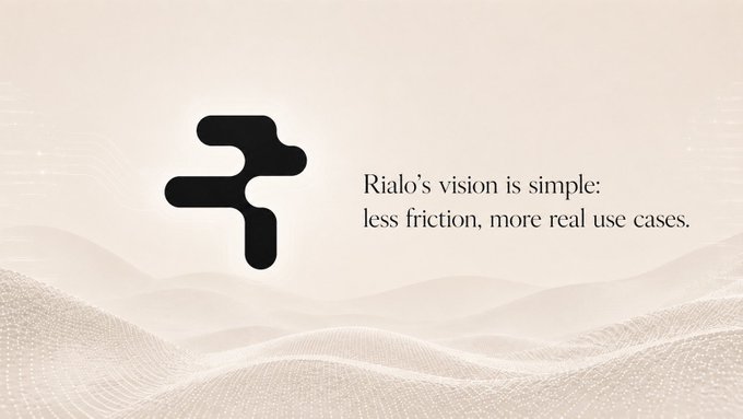 Minimalist branding slide for 'Rialo' featuring a black geometric logo and the tagline: 'Rialo's vision is simple: less friction, more real use cases.'