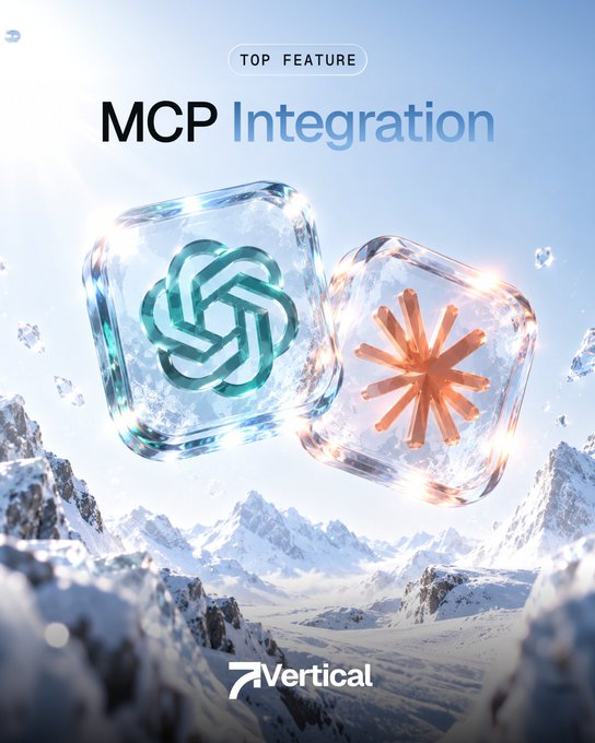 The image showcases a "TOP FEATURE" banner for "MCP Integration," featuring two glowing ice-like cubes with the ChatGPT logo and a snowflake symbol set against a snowy mountain landscape, with the "Vertical" logo at the bottom. This visually represents the integration of AI tools (ChatGPT) with Vertical's platform, aligning with the post's message about equipping traders with AI-powered, unbiased market analysis tools to enhance their decision-making.