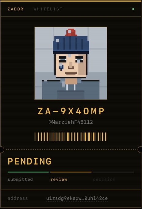 Another ZADDR whitelist application card featuring a pixel art character in a blue beanie, ID 'ZA-9X40MP', username '@MarziehF48112', status 'PENDING' in review, with an address 'u1zsdg9eksxw...0uh142ce' at the bottom.