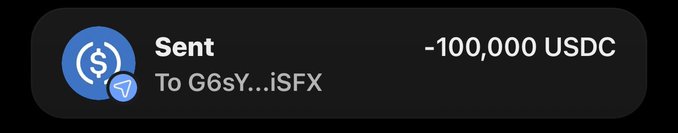 A dark notification card displays a transaction alert showing "Sent -100,000 USDC" to a wallet address beginning with "G6sY...iSFX," accompanied by a blue USDC token icon. The image visually confirms the poster's claim of sending $100,000, presumably to purchase the meme coin referenced in their post.