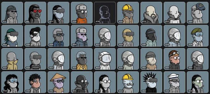 A grid of cartoon avatar characters (CryptoPunks-style) in various styles, outfits, and accessories.