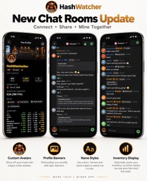 A promotional image for HashWatcher's 'New Chat Rooms Update' featuring mobile phone screenshots of the app interface with features listed: Custom Avatars, Profile Banners, Name Styles, and Inventory Display.