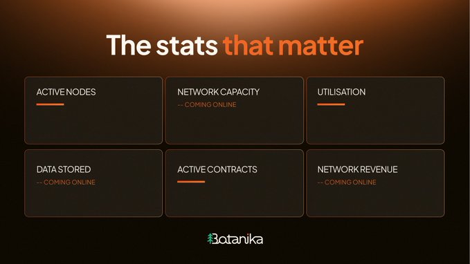 A dark-themed dashboard or webpage titled 'The stats that matter' from Botanika, displaying six metric boxes including Active Nodes, Network Capacity, Utilisation, Data Stored, Active Contracts, and Network Revenue, with most marked 'Coming Online'.