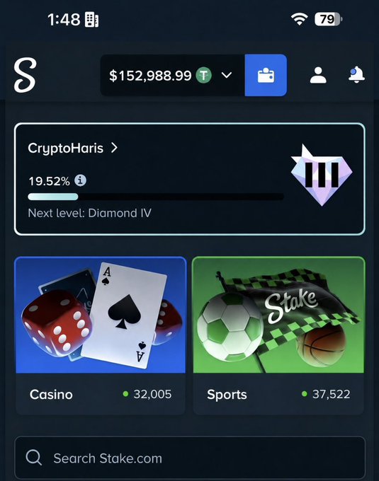 The image shows a Stake.com account with a balance of "$152,988.99" and "CryptoHaris" as the username, indicating the user is offering tips from this high balance.