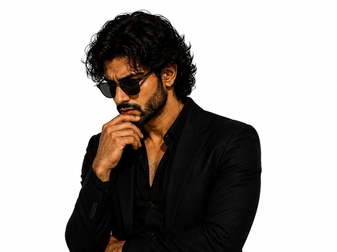 A man with curly dark hair and a beard wearing sunglasses and a black suit jacket over a black shirt, posing thoughtfully with his hand near his chin against a white background.