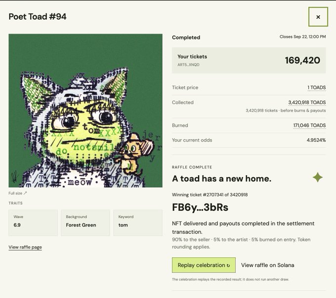 A screenshot of a completed 'Poet Toad #94' NFT raffle on Solana, showing 3,420,918 tickets collected, a Forest Green background with the keyword 'tom', and the winning ticket #2707341 awarded to 'FB6y...3bRs'.