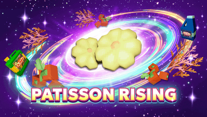 A colorful, retro-style graphic titled 'PATISSON RISING' featuring two yellow squash-like objects floating in a glowing purple and blue galaxy, surrounded by pixel-art vegetables and bottles.