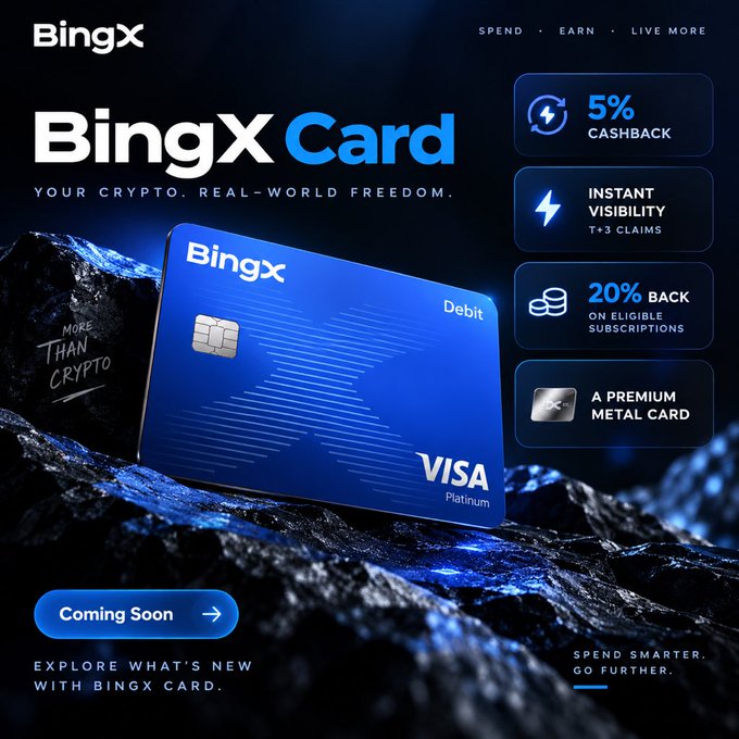 A promotional banner for the BingX Card, a Visa Platinum debit card, advertising 5% cashback, instant visibility on T+3 claims, 20% back on eligible subscriptions, and a premium metal card option, with a "Coming Soon" button.