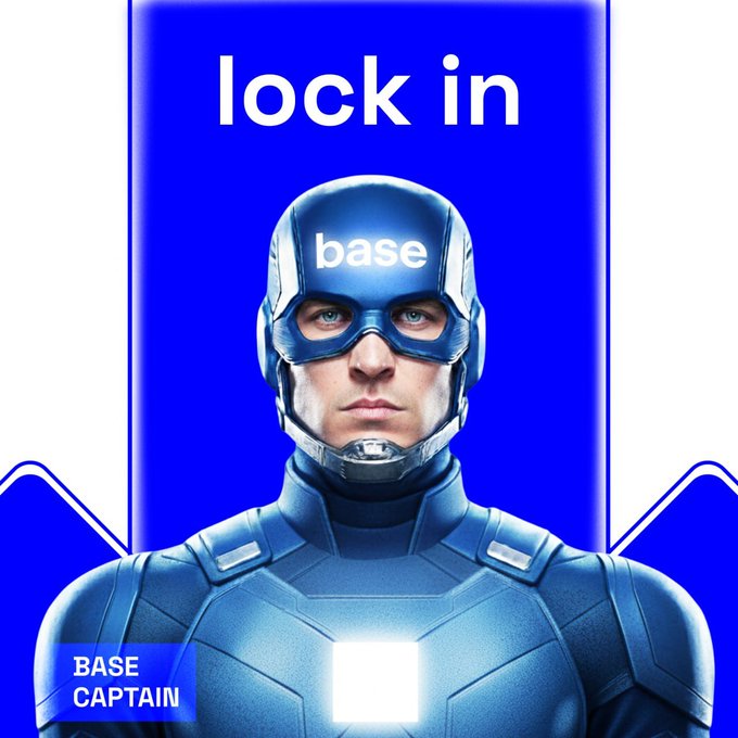 A promotional image features a superhero-style figure labeled 'BASE CAPTAIN' wearing a helmet with 'base' written on it, with the text 'lock in' displayed above against a blue background.