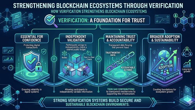 The image shows a colorful infographic or comic strip illustrating different steps of verifying blockchain transactions. Each step is represented by an illustration, emphasizing their importance. The first step, "Essential for Independent for Independent", stresses that verification should be self-executing so that participants can independently verify information in the system. The post explains that this process builds a foundation for trust within the blockchain ecosystem. Additionally, it highlights how verification contributes to building sustainable and secure blockchains by increasing confidence among users and preventing fraudulent activities.