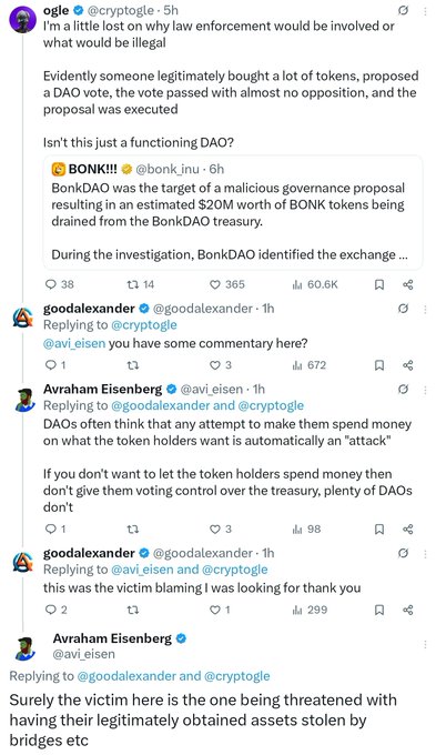 A tweet thread discussing the BonkDAO governance attack, where a malicious proposal drained $20M worth of BONK tokens from the treasury, with Avraham Eisenberg defending token holder voting rights as legitimate rather than an "attack."