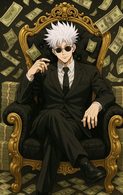 An anime-style illustration features a white-haired man wearing sunglasses and a black suit, sitting on an ornate golden throne surrounded by floating dollar bills and stacks of cash.