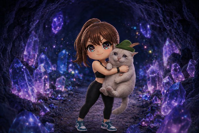 A cute anime character holds a sad cat named $CASHCAT adorned with a green hat in a sparkling crystal cave, continuing day 11 of the @0xAlphaGEMs fitness challenge.