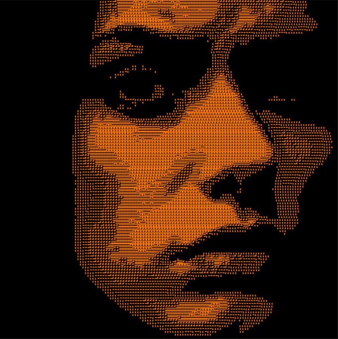 An orange stylized portrait created from a mosaic of horizontal text lines on a black background, depicting a person's face.
